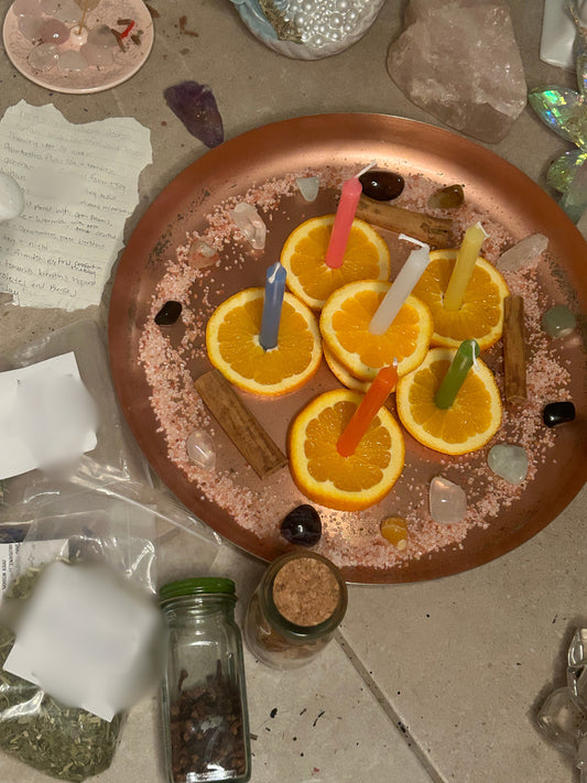 A copper plate with sliced oranges and colorful candles arranged on top, surrounded by various items including a jar that might contain ingredients or evidence of a spellcasting setup.